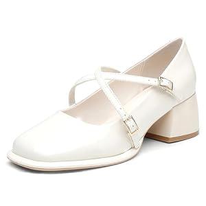 NEWBELLA Women's Retro Mary Janes Patent Leather Chunky Heel Pumps with Cross Strap & Square Toe, Comfortable French Style Dress Shoes for Work & Daily Wear, Cream 8
