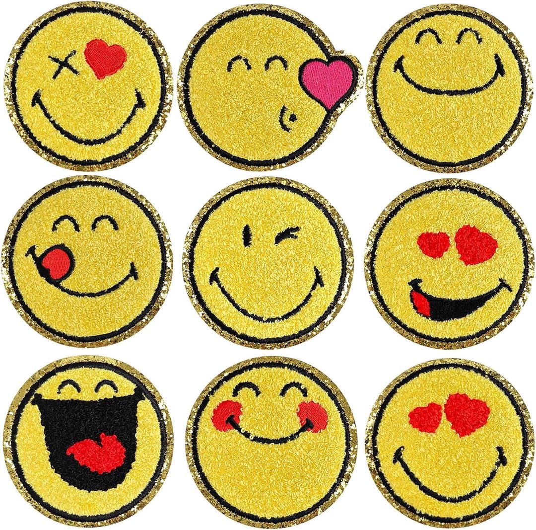 WILDREEDS 9PCS Smiley Face Iron on Patch, Officially Licensed SmileyWorld, Chenille Cute Smile Face Patch for Jackets, Hats, Backpacks, Jeans(Style 2)