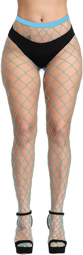 Confonze Fishnet Stockings Womens High Waist Tights Sexy Sheer Mesh Pantyhose (Blue, XL)