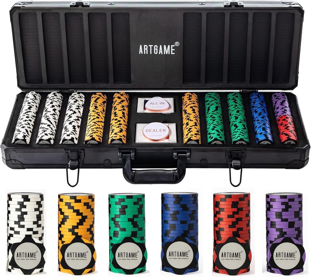 ARTGAME 14 Gram Clay Poker Chip Set for Texas Holdem, 500Pcs Casino Style Chips, with K-Type Aluminum Case and Dealer Buttons.