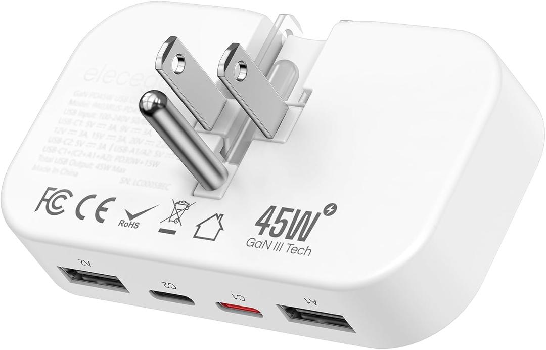 Slim Flat USB C Wall Charger, PD 45W Ultra Thin Foldable GaN Fast Charger with 4 Ports, Dual USB and Dual USB C Charger Block for iPhone, iPad, iPod, Samsung Galaxy, Tablet, AirPods and More