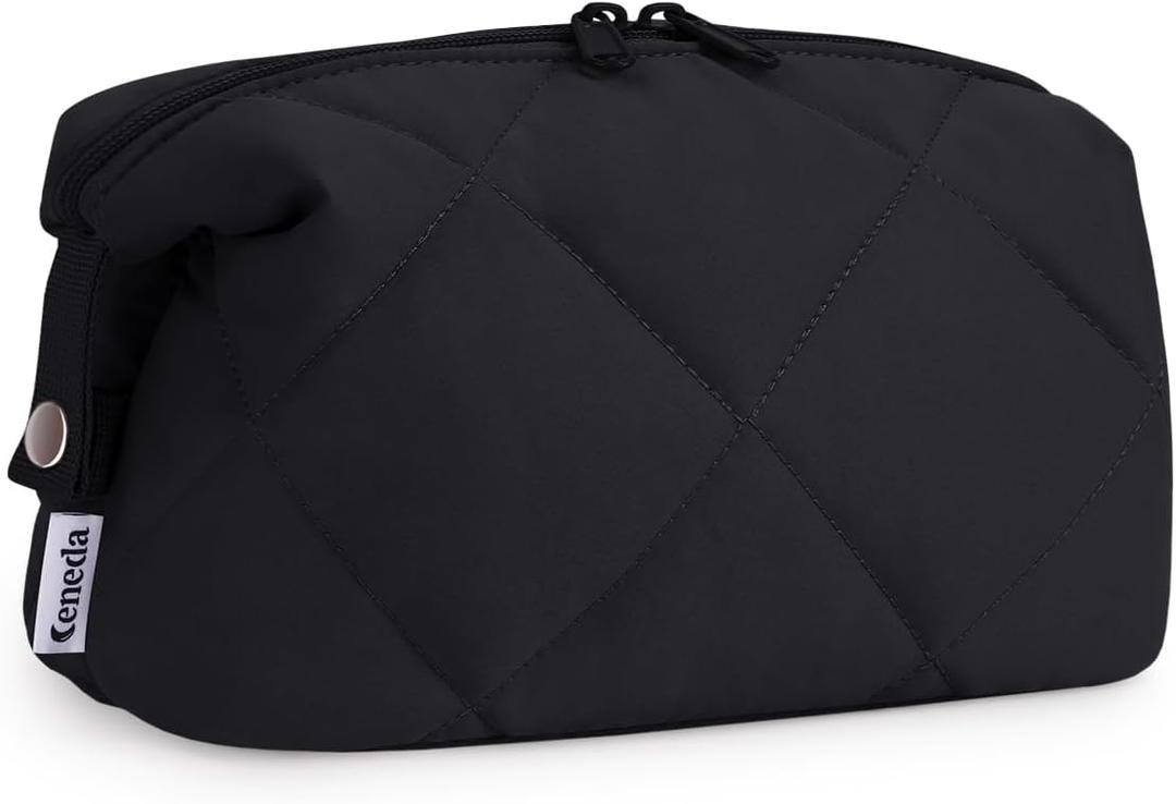Ceneda Puffy Padded Makeup Bag Travel Toiletry Bag Quilted Makeup Pouch Organizer Bag Cosmetic Bag for Women (Black)