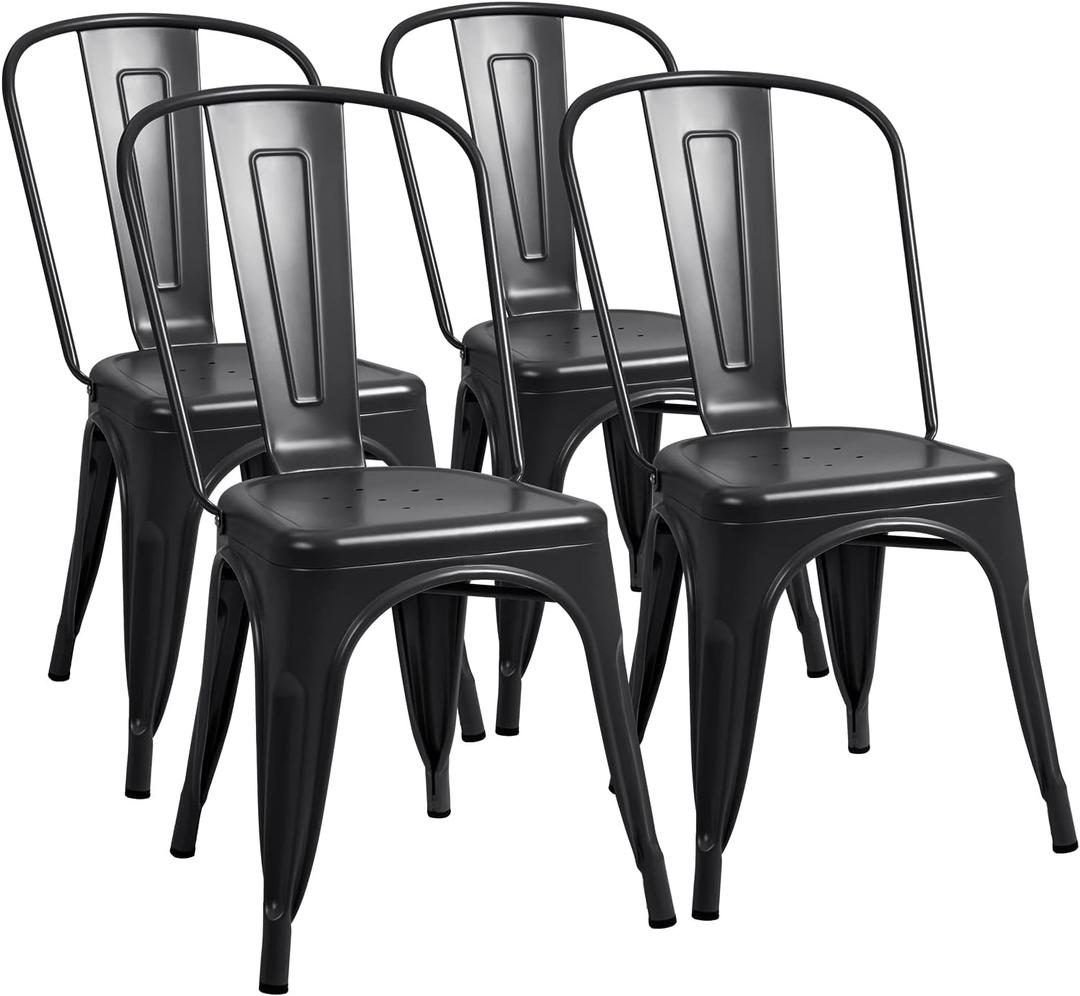 Furmax Metal Dining Chair Indoor-Outdoor Use Stackable Classic Trattoria Chair Chic Dining Bistro Cafe Side Metal Chairs Set of 4 (Black)
