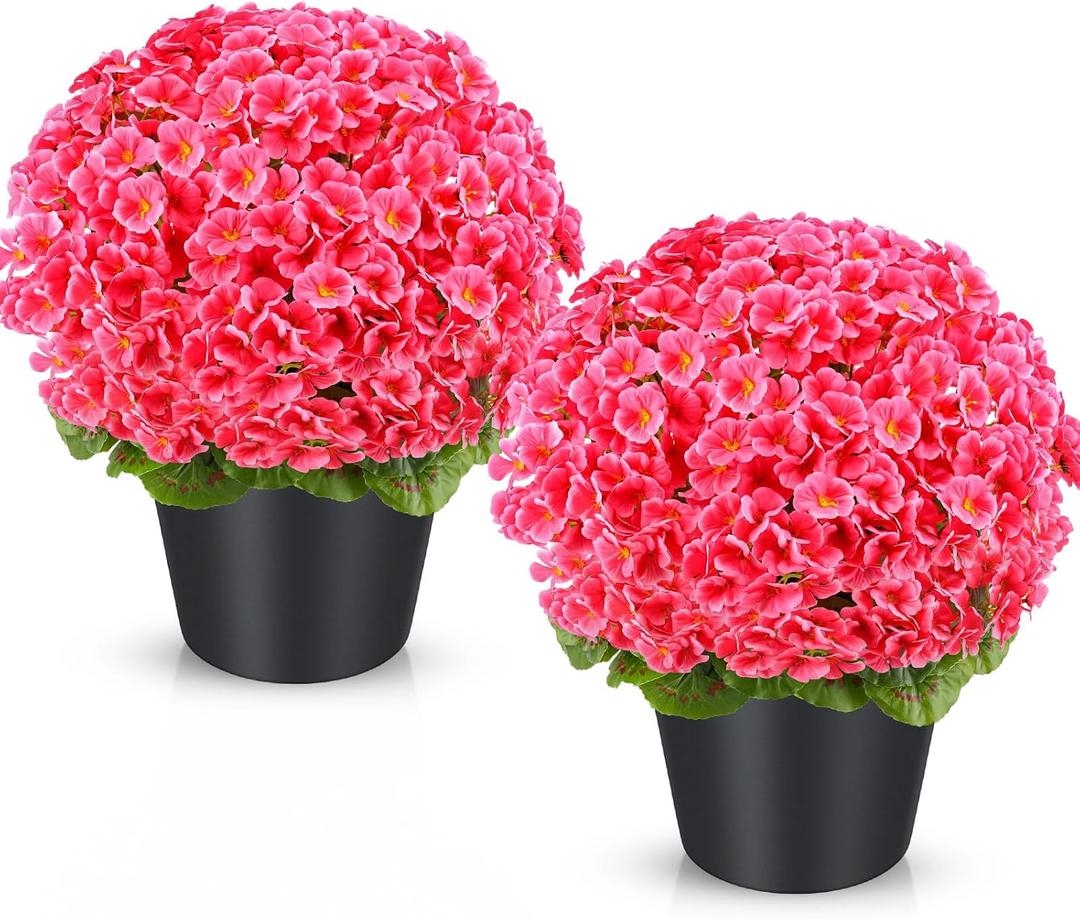 Suncalla 2 Pack 20" Artificial Geraniums Flowers Outdoor Decoration, Faux Geraniums Bush Potted Plants, UV Resistant Fake Flowers for Front Porch, Patio, Garden, Yard, Indoor Decor(Pink)
