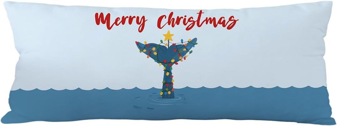 Coastal Beach Christmas 20x54 Body Pillow Cover, Gifts for Whale Lovers, Merry Christmas Lights Whale Long Body Pillowcase Hugging Pillow Covers for Beach House Cabin Home