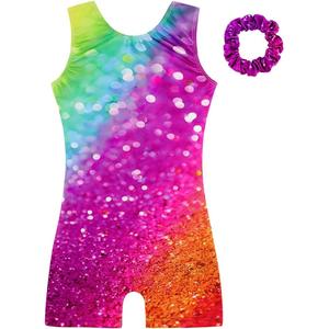 HOZIY Gymnastics Leotards for Girls with Shorts Biketards Dance Tumbling Outfits Matching Scrunchies 1-12 Years Old (Glitter Rainbow)