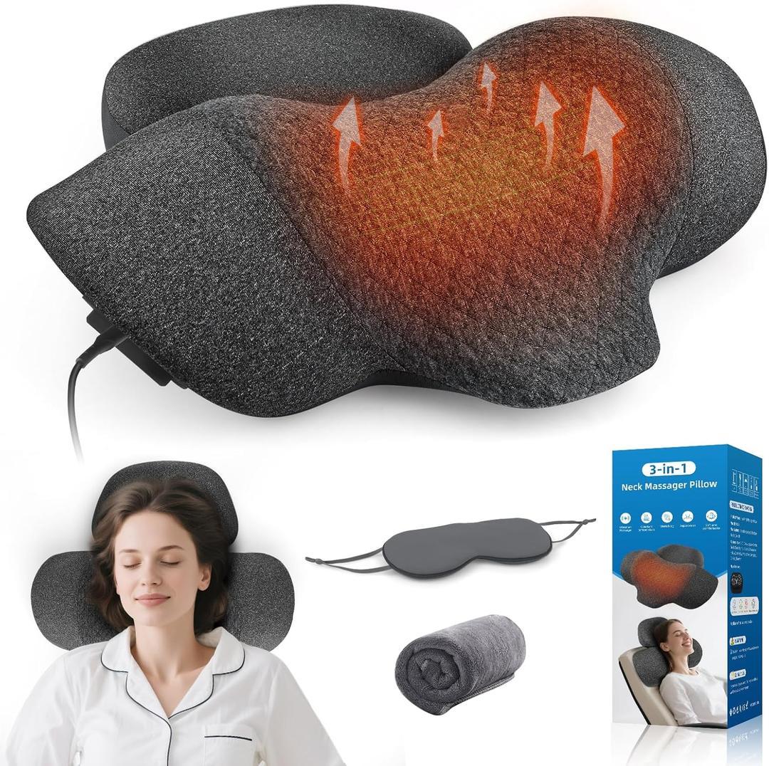 3-in-1 Neck Massager Pillow with Heat, Vibration and Cervical Traction, Ergonomic Neck Support Aid and Neck Support Pillow for Pain Relief, Deep Tissue Neck and Shoulder Massager