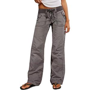 Flamingals Straight Leg Pants for Women Drawstring Waist Mid Rise Casual Solid Seam Detail Pants Gray L