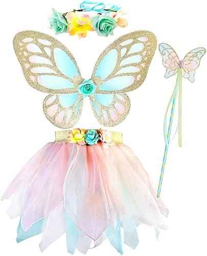 DJDLPARTY Girls Fairy Costume Set with Butterfly Wings Tutu Wand and Halo Headban 3-5years