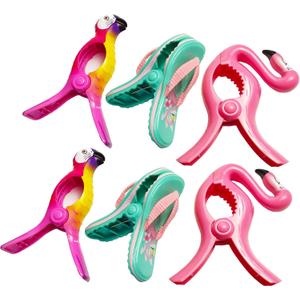 6 Pieces Beach Towel Clips, Flip Flop Towel Holders, Flamingo Chair Clips, Parrot Clips, Clothes Pins in Prefect Size for Pool Loungers Blanket