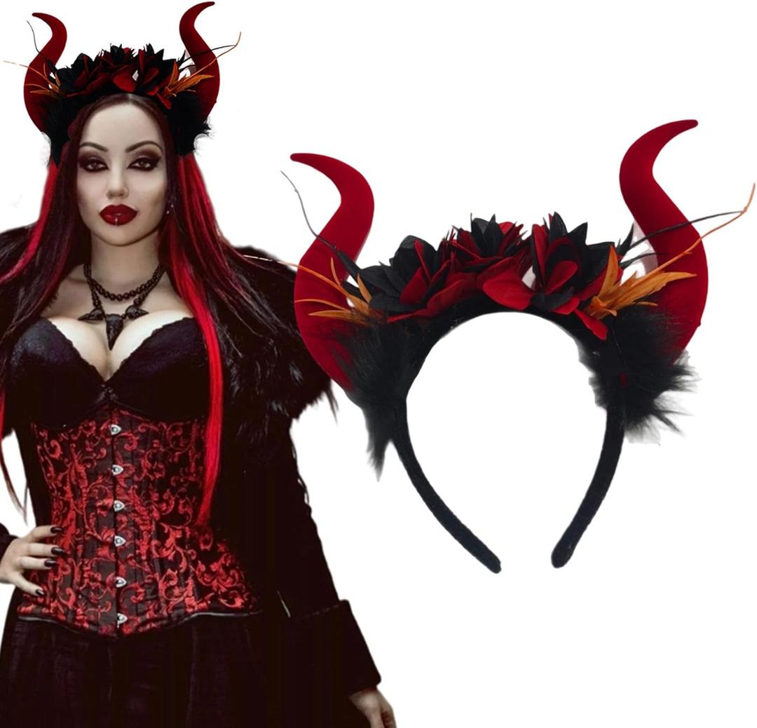 mdgfge Devil Horns Headband Gothic Dragon Demon Red Rose Flower Horns Hair Hoop Hair Accessories for Women Halloween Cosplay Christmas Parties Dress Up Supplies