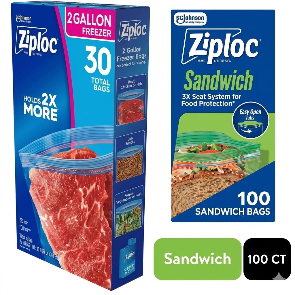 Ziploc Gallon Food Storage Freezer Bags 30ct and Ziploc Sandwich 100 ct