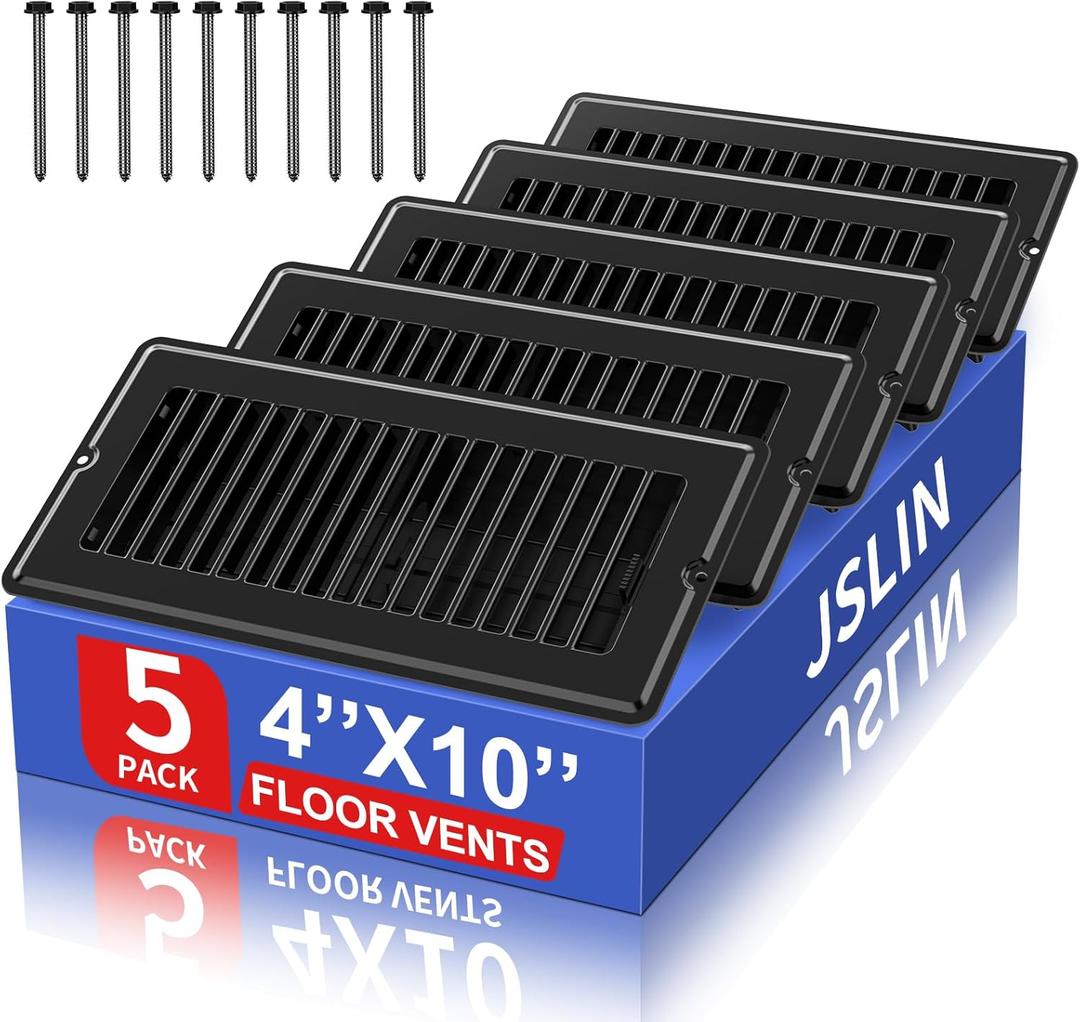4x10 Floor Regsiter Vent Covers for Home Floor Wall Ceiling - Black with Screws for Easy Installation - Heavy Duty Steel Walkable Finish for Quiet Adjustable Air Vent Cover 4 x 10 - 5 Pack