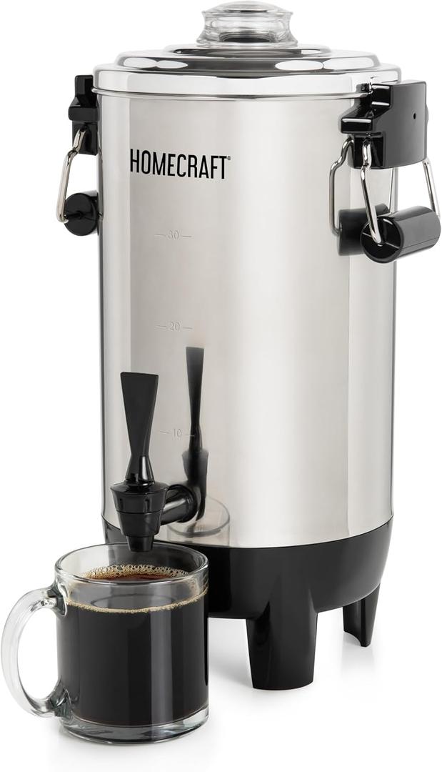 30 Cup Coffee Urn - Quick-Brewing Stainless Steel Double-Faucet - Perfect For Espresso, Hot Water, Tea, Hot Chocolate - Stainless Steel
