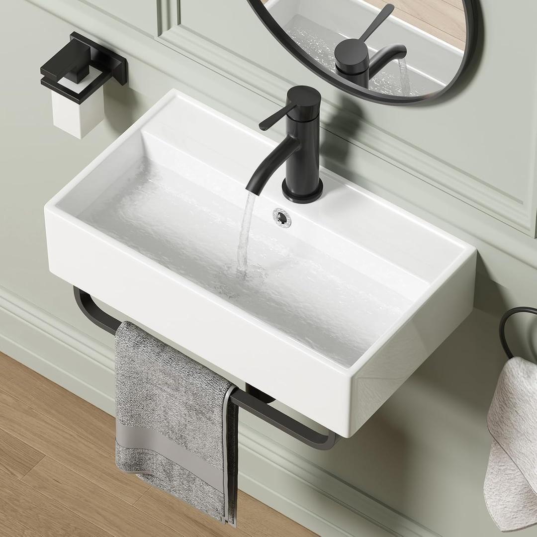 Wall Mount Rectangular Vessel Sink with Towel Rack, QISHKA 21.5"x12.5" Modern Ceramic Bathroom Floating Sink, White Rectangle Vanity Sink with Overflow, Wall Hung Wash Hand Basin