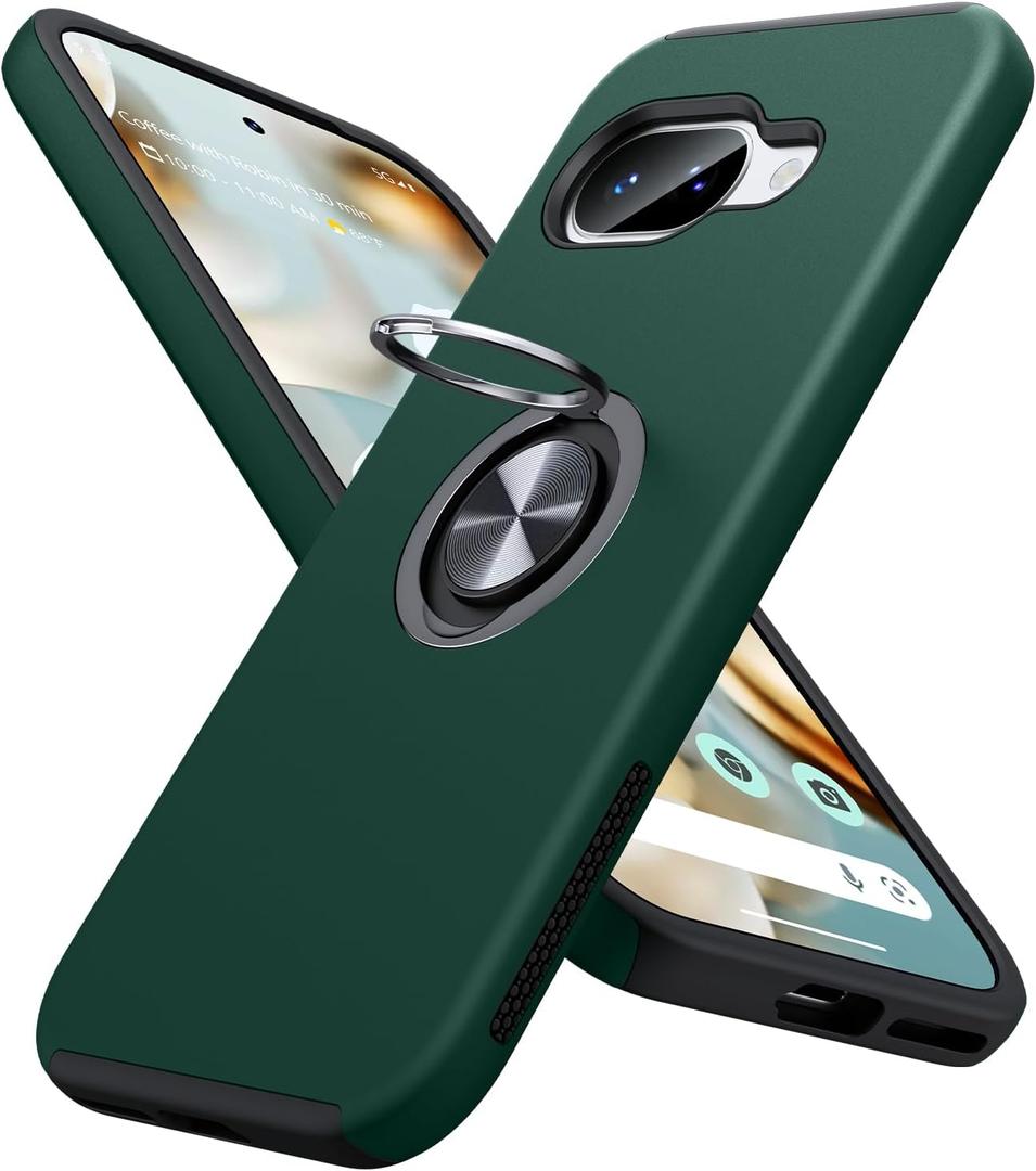 JAME for Google Pixel 9a Case, Dual Layer Military Grade Protection, Shockproof Cover with Metal Ring Holder Stand Kickstand, Slim Fit Protective Phone Case for Google Pixel 9A, Dark Green