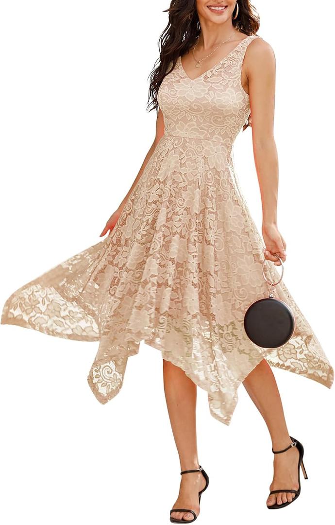 Meetjen Women's Lace Cocktail Party Dress 2026 Handkerchief Hem Bridesmaid Prom Formal Dresses for Wedding Guest (M)