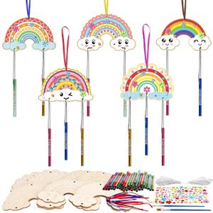 Fennoral 10 Rainbow Wind Chime Craft Kits for Kids Make Your Own Wind Chime Ornament DIY Coloring Wooden Art and Craft for Classroom Art Projects Spring Summer Birthday Decorations, Rainbow