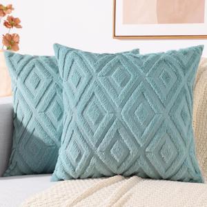 decorUhome Summer Couch Euro Sham Throw Pillow Covers 22x22 Set of 2, Decorative Soft Plush Faux Fur Wool Accent Pillow Covers for Modern Farmhouse Bed Sofa Living Room, Light Teal