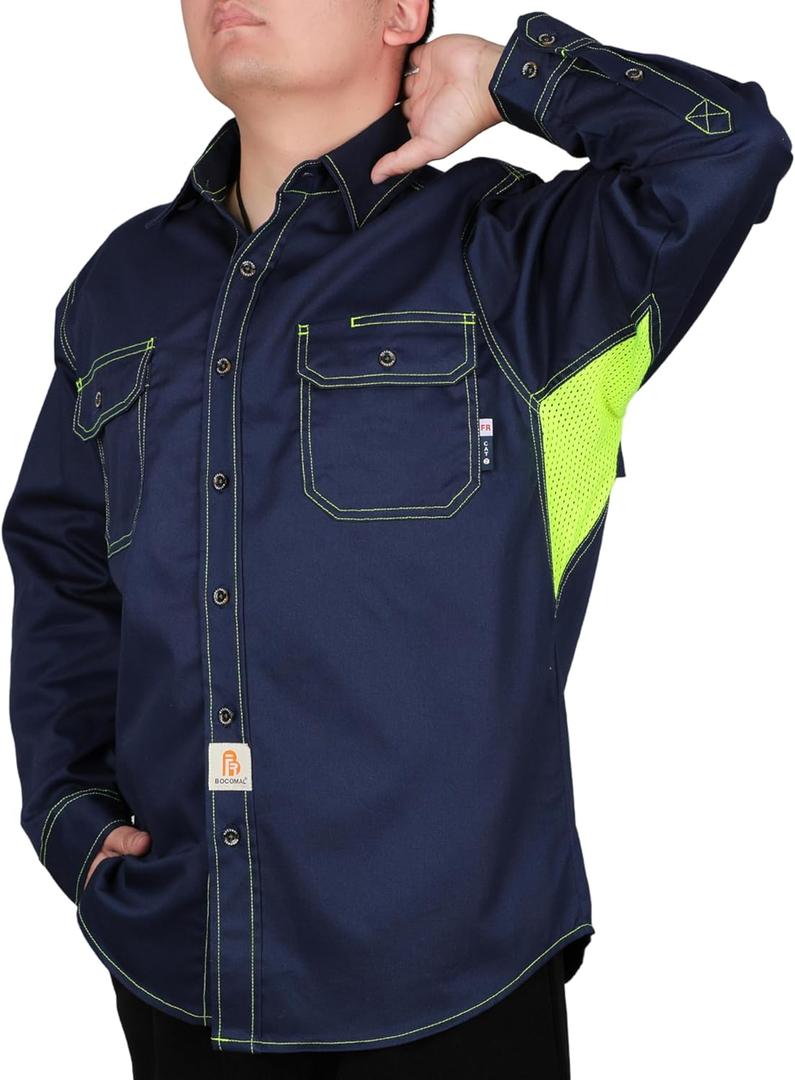 BOCOMAL FR Shirt for Summer Lightweight Vented Mesh Back and Underarm Breathable Flame Resistant Welding Button Down Shirts (Large Tall, Navy)