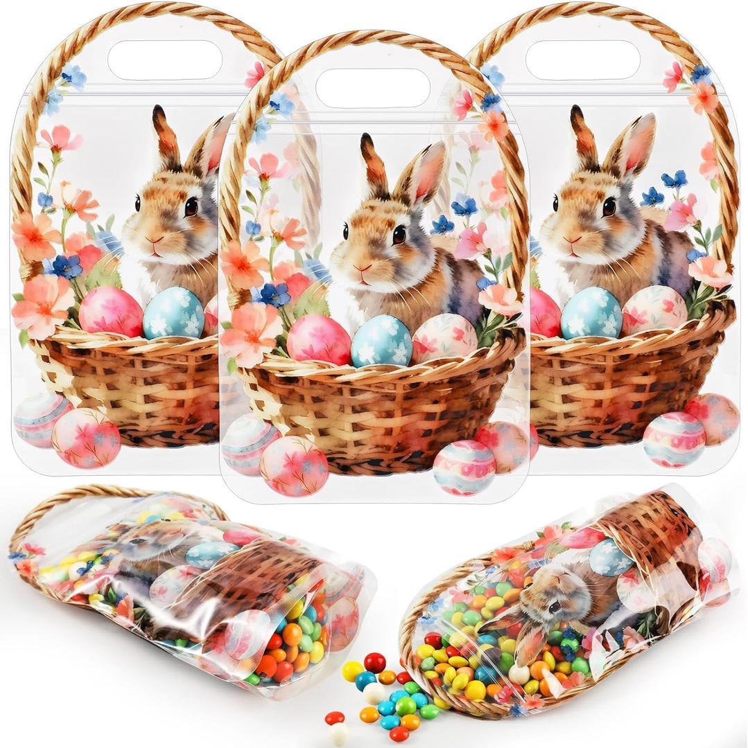 Gersoniel 50 Pcs Easter Candy Gift Bags with Handle Plastic Resealable Easter Sealing Pouches Treat Bunny Chicks Goodie Bags for Egg Hunt Holiday Party Small Gift Wrapping Supplies(Yellow Chick)