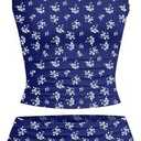 Hilinker Womens Sexy 2 Piece Pajama Set Lace Trim Ruched Cami and Shorts Summer Cute Pjs Dark Blue Floral Large XL