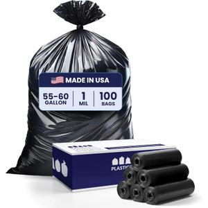Plasticplace 55-60 Gallon Trash Bags 1.0 Mil Black Heavy Duty Garbage Can Liners 38 x 58 (100 Count)