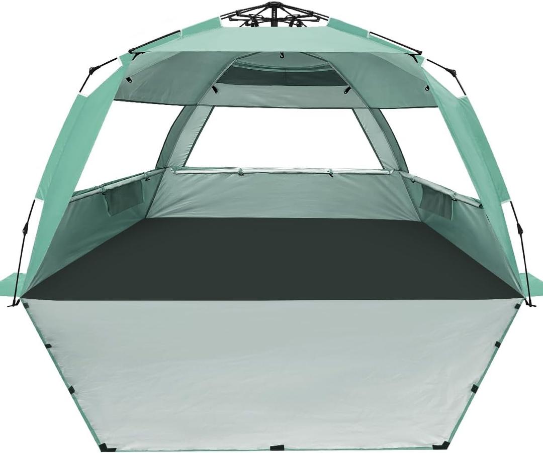 WhiteFang Deluxe Pop Up Beach Tent Sun Shade Shelter for 3-4/5-6 Person, UV Protection, Extendable Floor with 3 Ventilating Windows Plus Carrying Bag, Stakes, and Guy Lines (XL, Mint Green)
