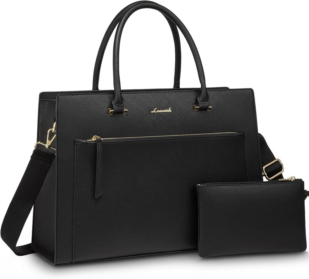LOVEVOOK Laptop Bag for Women 15.6 Inch Black Tote Work Bag Leather Computer Briefcase Waterproof Business Teacher Office Bag Handbag with Small Clutch