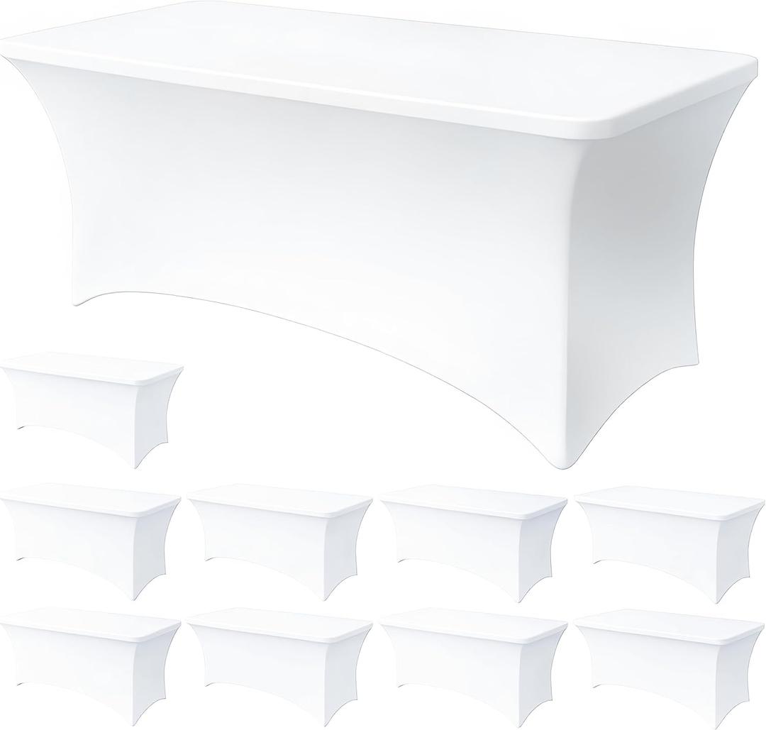 6FT White Table Cloth - 10 Pack Fitted Stretch Rectangle Spandex Tablecloth, Washable Table Cover for Party, Picnic, Wedding, Banquet, Birthday and Festival(30" x 72")