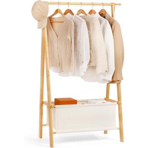 Relquorax Bamboo Clothes Rack with Storage Box, Portable Extra Large Garment Rack Clothing Rack, Foldable Wardrobe For Entryway and Bed Room (M)