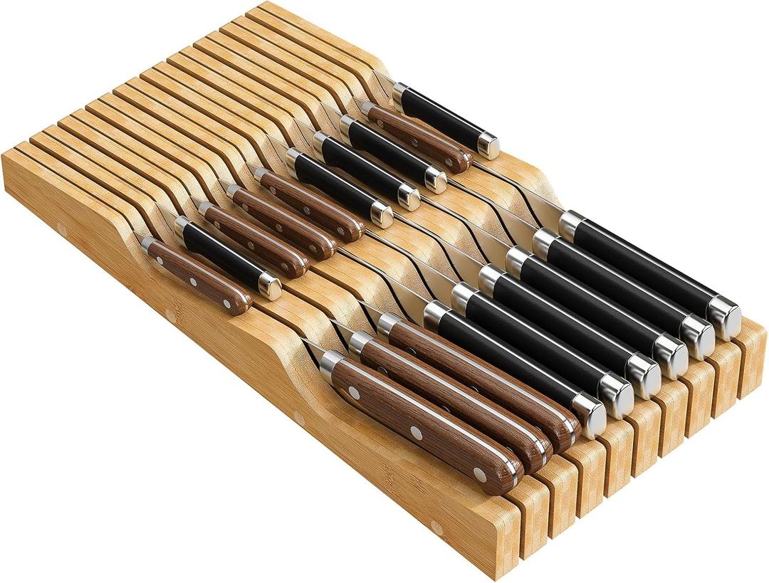 Bamboo In-Drawer Knife Block for 19 Knives(Not Included), Knife Drawer Organizer,Knife Holder Countertop,Block Knife Storage Organizer for Kitchen