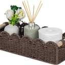 CubesLand Paper Rope Scalloped Edge Shelves Storage Basket, Woven Toilet Paper Baskets for Over Toilet Storage Shelf, Ending Table, Floating Shelves Organizing or Home Dcor, with Wood Handle, Brown (M - 14"L x 6.3"W x 3.9"H)