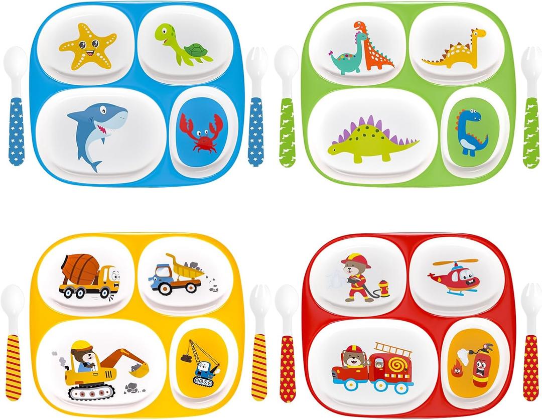 Set of 4 Divided Melamine Dinner Plates for Boys, Shatterproof Kids Dinnerware with Fun Themes (Firefighter, Dinosaur, Construction, Sea Animal), Perfect for Picky Eaters, Toddler Essentials