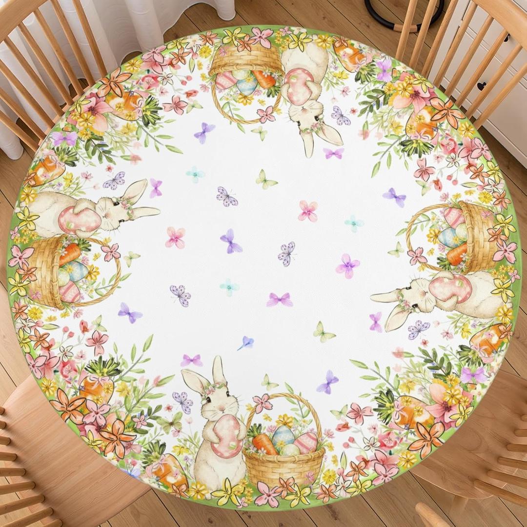 Easter Rabbit Round Fitted Tablecloth with Elastic Edge 40-44 Inch Yellow Floral Table Cover Washable Cute Bunny Table Cloth for Kitchen Dining Party Decor