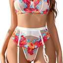 WDIRARA Women's 5 Piece Eyelash Lace Strappy Garter High Waisted Belt Underwire Lingerie Set (Red Floral), Small