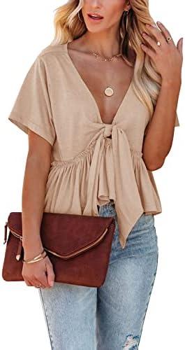Fanway&EC Women's Short Sleeve V Neck Blouses Ruffle Hem Tie Front Crop Tops Lightweight Basic Summer Tops, Size XL