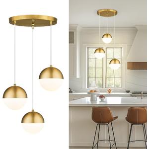 LMS Brushed Gold 3-Light Cluster Pendant Lights, Modern Kitchen Island Lighting with White Globe Glass Shade, Adjustable Hanging Cord Ceiling Light for Bathroom Bedroom Dining Room, LMS-186BG3