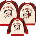 Disney family matching sweatshirt Stitch Mickey Spiderman print long sleeve winter Christmas mom dad kids loose fit red (Red, L)