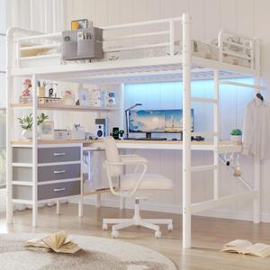Jocoevol Full Size Loft Bed with L-Shaped Desk, LED Lights,Charging Station, Industrial Heavy Duty Metal Loft Bed Frame with 3 Storage Shelves and 3 Fabric Drawers, Safety Guard & Ladder, White
