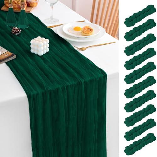 10 Pack Emerald Green Table Runner 21x120 Inch Dark Green Cheesecloth Table Runner 10FT Boho Gauze Table Runner Long Cheese Cloth Table Runner Semi Sheer Runners for Wedding Bridal Baby Shower Party