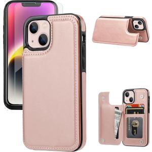 Wallet Case Compatible with iPhone 14, Slim Protective case with Card Holder,Premium PU Leather Kickstand Card Slots Case with a Screen Protective Glass for iPhone 14(6.1")-Rose Gold