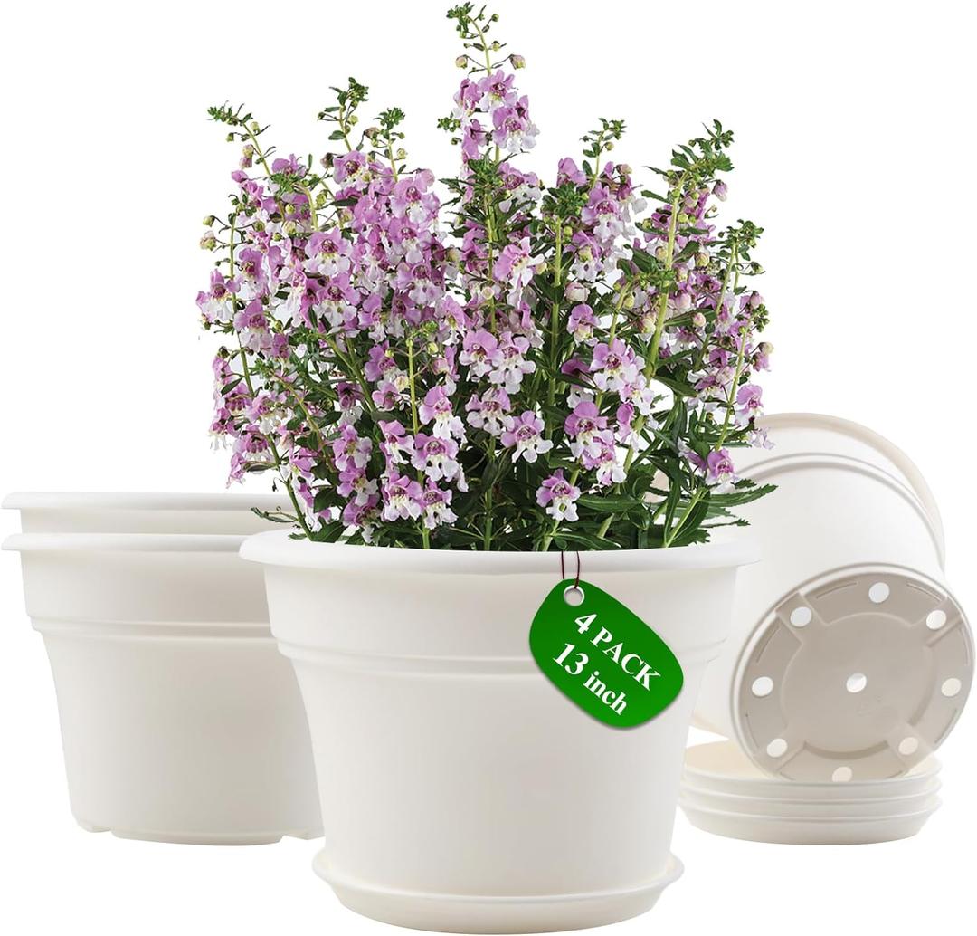Pottiffe 13 Inch Plastic-Flower-Pot-for-Indoor-Plants, 4 Pack Large Outdoor Planter Pot with Drainage Holes & Saucers, Resin Decorative Garden Pots Planters