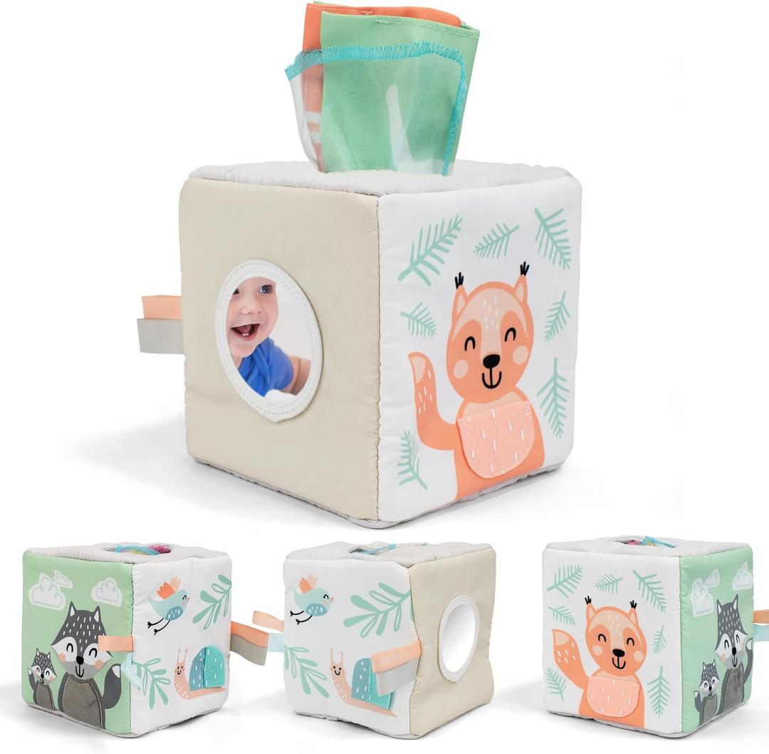 Fun Baby Tissue Box with Stimulating Mirror For Endless Entertainment - Soft Montessori Toy w/ Crinkle Paper & Fabric Tissues - The Perfect Sensory Toy For Newborn/Infant Development From 6-12+ Months