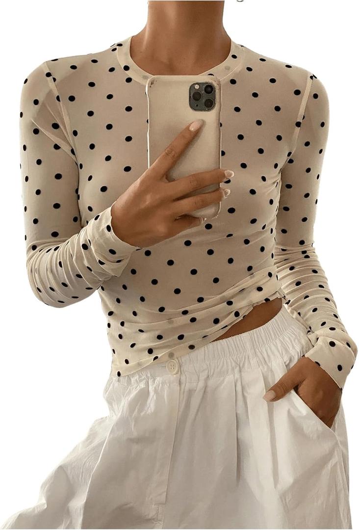 SHENHE Women's Polka Dots Sheer Mesh T Shirt Round Neck Slim Fitted Streetwear Top Beige Small