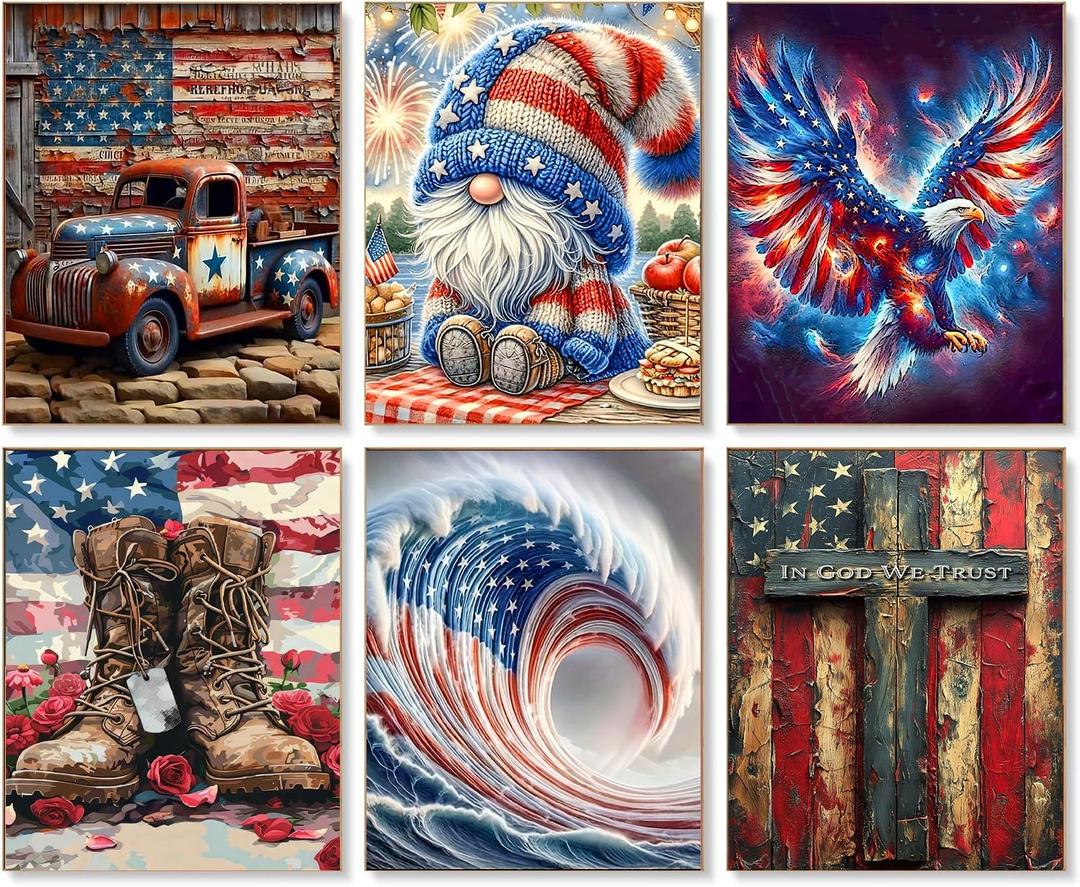 KYOQFVN 6 Pack Independence Day Paint by Numbers Kit for Adults - 4 of July Patriotic Adult Paint by Number Kits on Canvas, DIY Acrylic Oil Numbers Painting Kits for Home Decor 12 x 16 inches