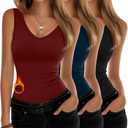 3 Pcs Women's Thermal Tank Tops V Neck Underwear Fleece Lined Sleeveless Undershirts Warm Camisole Base Layer Vest (Medium, Black, Dark Blue, Red)