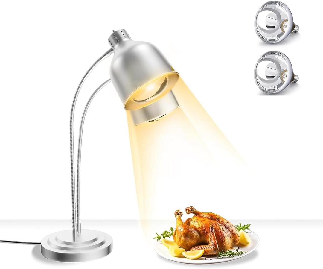 Double Head Food Heat Lamp Warmer w/Rapid-Heating Bulbs, Free Standing Commerical Food Warmer for Restaurant Kitchen Buffet Catering, Parties Food Heated Warming Lamp (Silvery, Dual Bulbs)