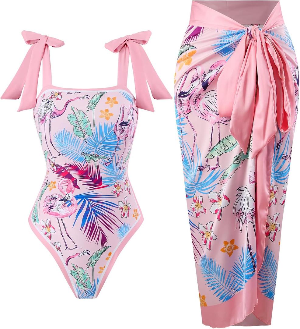 One Piece Bathing Suit for Women with Beach Cover up Wrap Skirt Swimsuit Sarong Retro Floral Print Bikini Set (Pink, XXL)