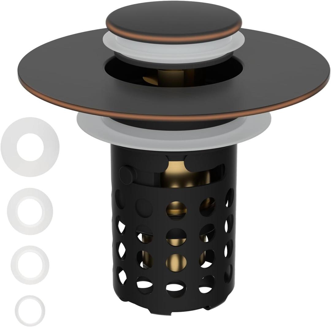 Universal Bathroom Sink Drain Strainer Hair Catcher Upgraded with Removable Stainless Steel Filter Basket, 3 in 1 Pop Up Sink Stopper for 1.1''~2.36'' Sink Basin Hole, Oil Rubbed Bronze